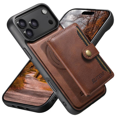 Suteni M4 Magnetic Card Bag MagSafe Leather Phone Case, For iPhone 18, For iPhone 18 Pro, For iPhone 18 Pro Max, For iPhone 17 Pro Max, For iPhone 17 Pro, For iPhone 17, For iPhone Air, For iPhone 16 Pro Max
