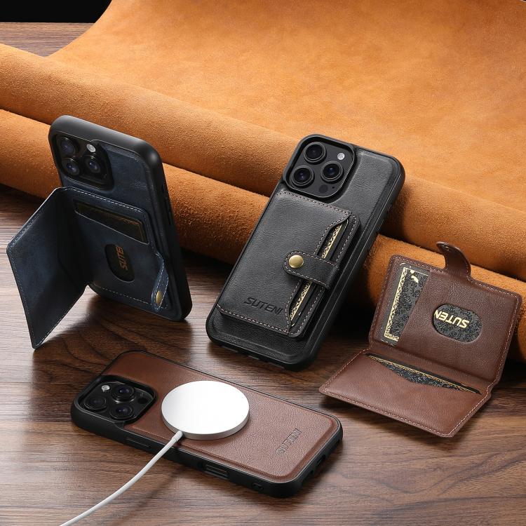Suteni M4 Magnetic Card Bag MagSafe Leather Phone Case, For iPhone 12 Pro