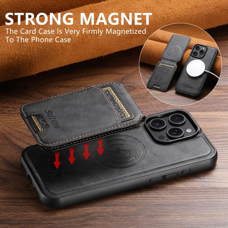 Suteni M5 Magnetic Card Bag MagSafe Cowhide Texture Leather Phone Case, For iPhone 16 Pro, For iPhone 16 Plus, For iPhone 16, For iPhone 15 Pro Max, For iPhone 15 Pro, For iPhone 15 Plus, For iPhone 15, For iPhone 14 Plus