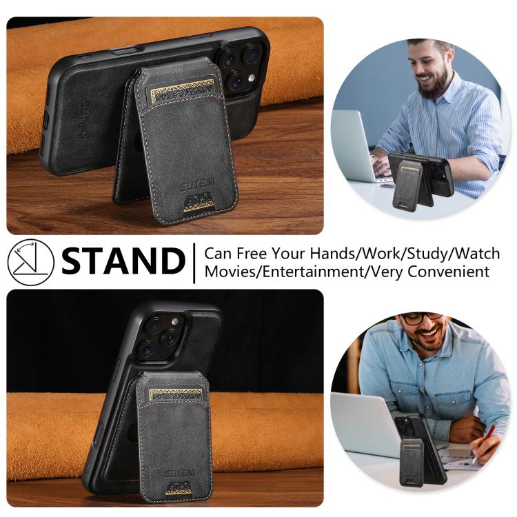 Suteni M5 Magnetic Card Bag MagSafe Cowhide Texture Leather Phone Case, For iPhone 16 Pro, For iPhone 16 Plus, For iPhone 16, For iPhone 15 Pro Max, For iPhone 15 Pro, For iPhone 15 Plus, For iPhone 15, For iPhone 14 Plus