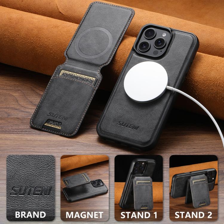 Suteni M5 Magnetic Card Bag MagSafe Cowhide Texture Leather Phone Case, For iPhone 12 Pro