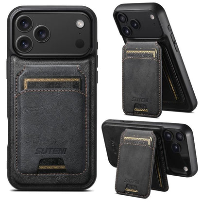 Suteni M5 Magnetic Card Bag MagSafe Cowhide Texture Leather Phone Case, For iPhone 18, For iPhone 18 Pro, For iPhone 18 Pro Max, For iPhone 17 Pro Max, For iPhone 17 Pro, For iPhone 17, For iPhone Air, For iPhone 16 Pro Max