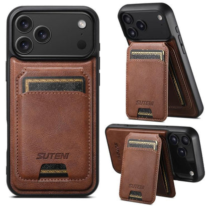 Suteni M5 Magnetic Card Bag MagSafe Cowhide Texture Leather Phone Case, For iPhone 18, For iPhone 18 Pro, For iPhone 18 Pro Max, For iPhone 17 Pro Max, For iPhone 17 Pro, For iPhone 17, For iPhone Air, For iPhone 16 Pro Max