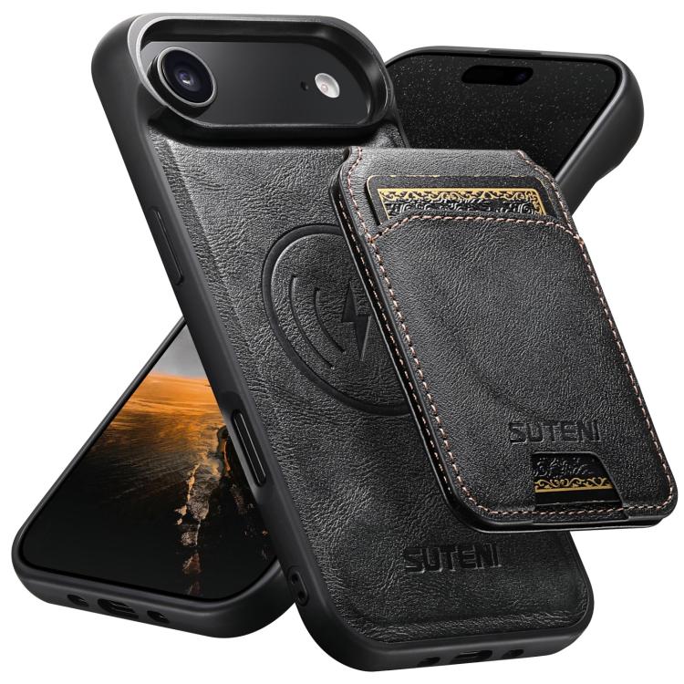 Suteni M5 Magnetic Card Bag MagSafe Cowhide Texture Leather Phone Case, For iPhone 18, For iPhone 18 Pro, For iPhone 18 Pro Max, For iPhone 17 Pro Max, For iPhone 17 Pro, For iPhone 17, For iPhone Air, For iPhone 16 Pro Max