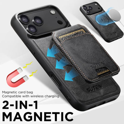 Suteni M5 Magnetic Card Bag MagSafe Cowhide Texture Leather Phone Case, For iPhone 18, For iPhone 18 Pro, For iPhone 18 Pro Max, For iPhone 17 Pro Max, For iPhone 17 Pro, For iPhone 17, For iPhone Air, For iPhone 16 Pro Max
