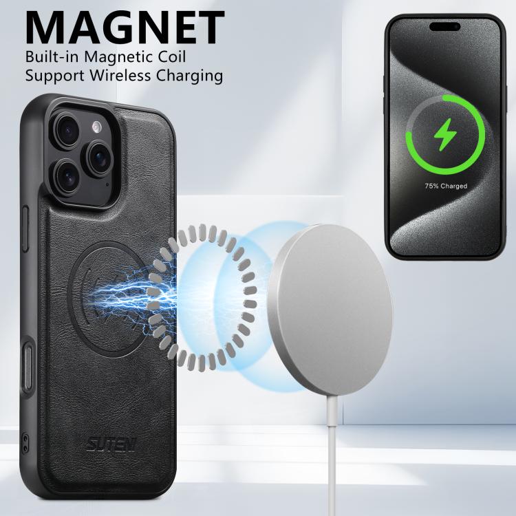 Suteni G5 Cowhide Leather MagSafe Magnetic Phone Case, For iPhone 12 Pro