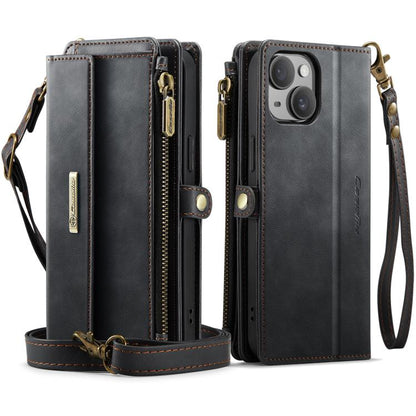 CaseMe C39 RFID Blocking Zipper Wallet Leather Phone Case with Crossbody Strap, For iPhone 13, For iPhone 13 mini, For iPhone 12 / 12 Pro, For iPhone 12 Pro Max