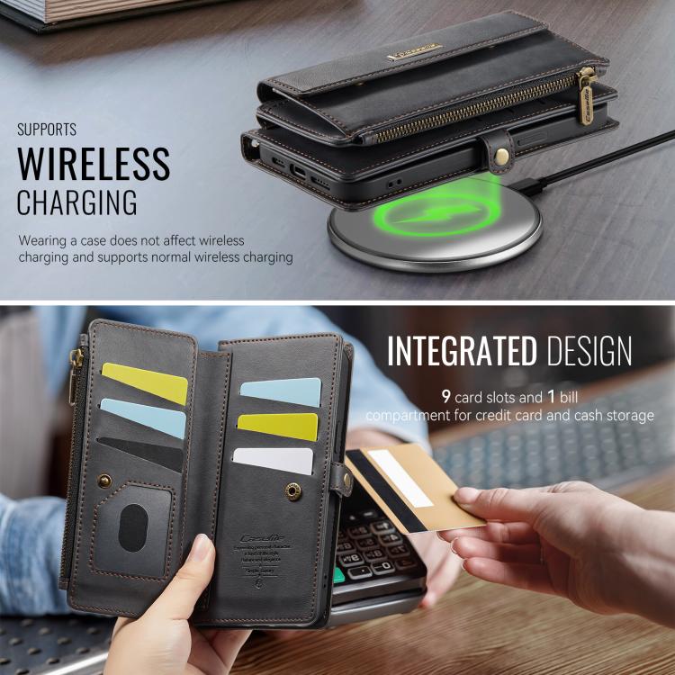 CaseMe C39 RFID Blocking Zipper Wallet Leather Phone Case with Crossbody Strap, For iPhone 13, For iPhone 13 mini, For iPhone 12 / 12 Pro, For iPhone 12 Pro Max