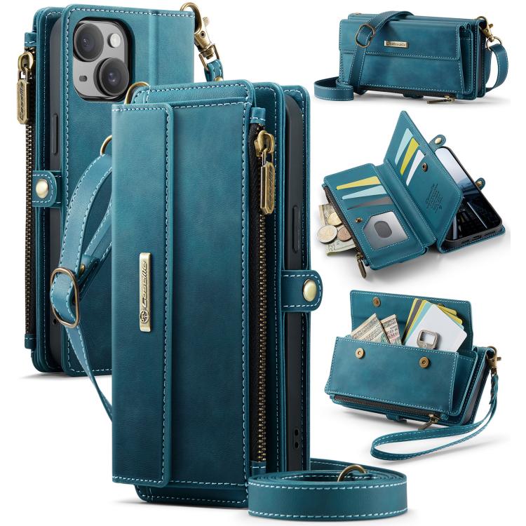 CaseMe C39 RFID Blocking Zipper Wallet Leather Phone Case with Crossbody Strap, For iPhone 13, For iPhone 13 mini, For iPhone 12 / 12 Pro, For iPhone 12 Pro Max
