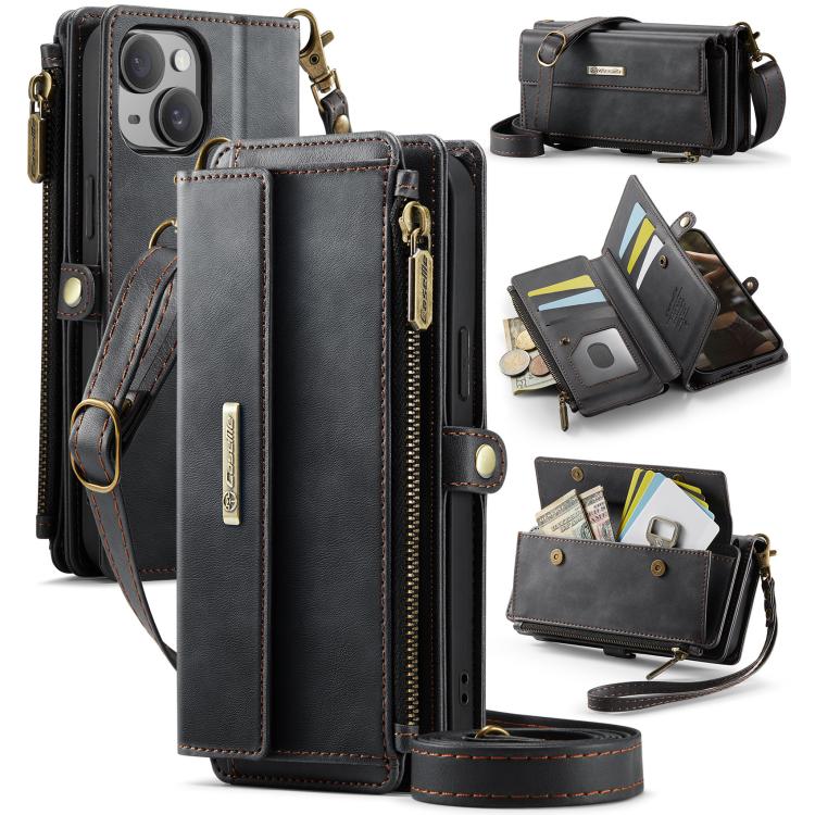 CaseMe C39 RFID Blocking Zipper Wallet Leather Phone Case with Crossbody Strap, For iPhone 13, For iPhone 13 mini, For iPhone 12 / 12 Pro, For iPhone 12 Pro Max