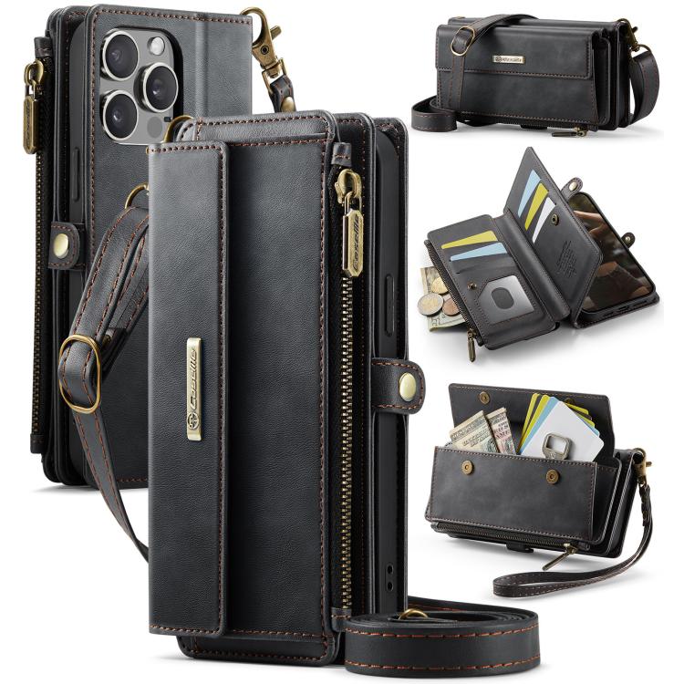 CaseMe C39 RFID Blocking Zipper Wallet Leather Phone Case with Crossbody Strap, For iPhone 13, For iPhone 13 mini, For iPhone 12 / 12 Pro, For iPhone 12 Pro Max