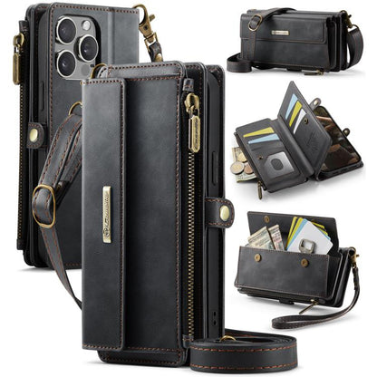 CaseMe C39 RFID Blocking Zipper Wallet Leather Phone Case with Crossbody Strap, For iPhone 13, For iPhone 13 mini, For iPhone 12 / 12 Pro, For iPhone 12 Pro Max