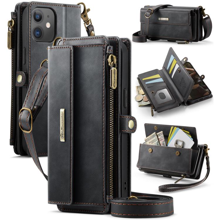 CaseMe C39 RFID Blocking Zipper Wallet Leather Phone Case with Crossbody Strap, For iPhone 13, For iPhone 13 mini, For iPhone 12 / 12 Pro, For iPhone 12 Pro Max