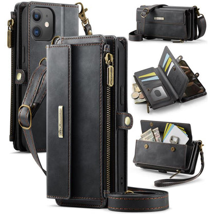 CaseMe C39 RFID Blocking Zipper Wallet Leather Phone Case with Crossbody Strap, For iPhone 13, For iPhone 13 mini, For iPhone 12 / 12 Pro, For iPhone 12 Pro Max