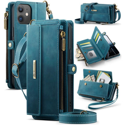 CaseMe C39 RFID Blocking Zipper Wallet Leather Phone Case with Crossbody Strap, For iPhone 13, For iPhone 13 mini, For iPhone 12 / 12 Pro, For iPhone 12 Pro Max
