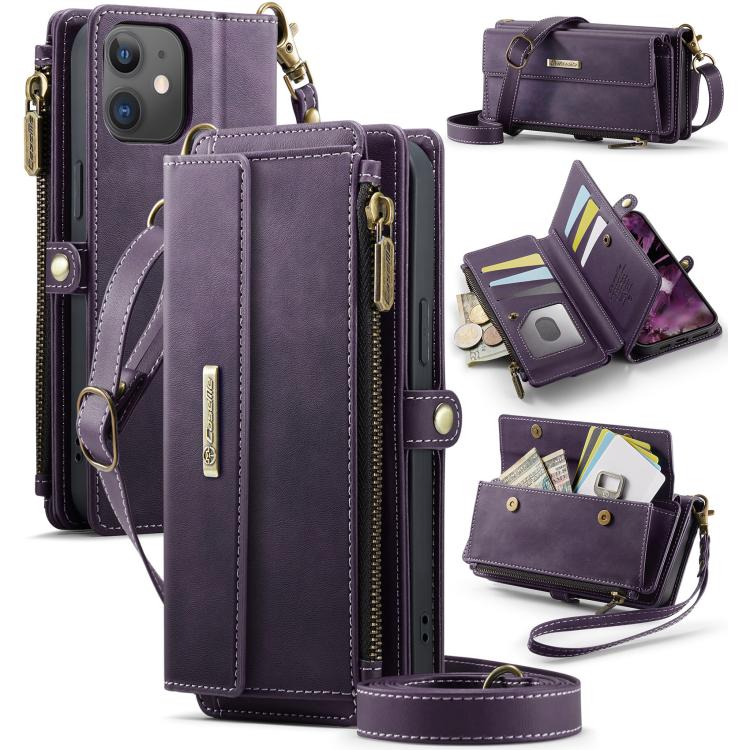 CaseMe C39 RFID Blocking Zipper Wallet Leather Phone Case with Crossbody Strap, For iPhone 13, For iPhone 13 mini, For iPhone 12 / 12 Pro, For iPhone 12 Pro Max