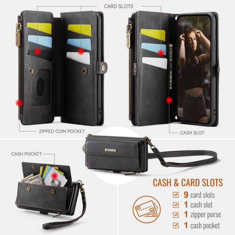 CaseMe C39 RFID Blocking Zipper Wallet Leather Phone Case with Crossbody Strap, For iPhone X / XS, For iPhone XR, For iPhone XS Max, For iPhone 7 Plus / 8 Plus