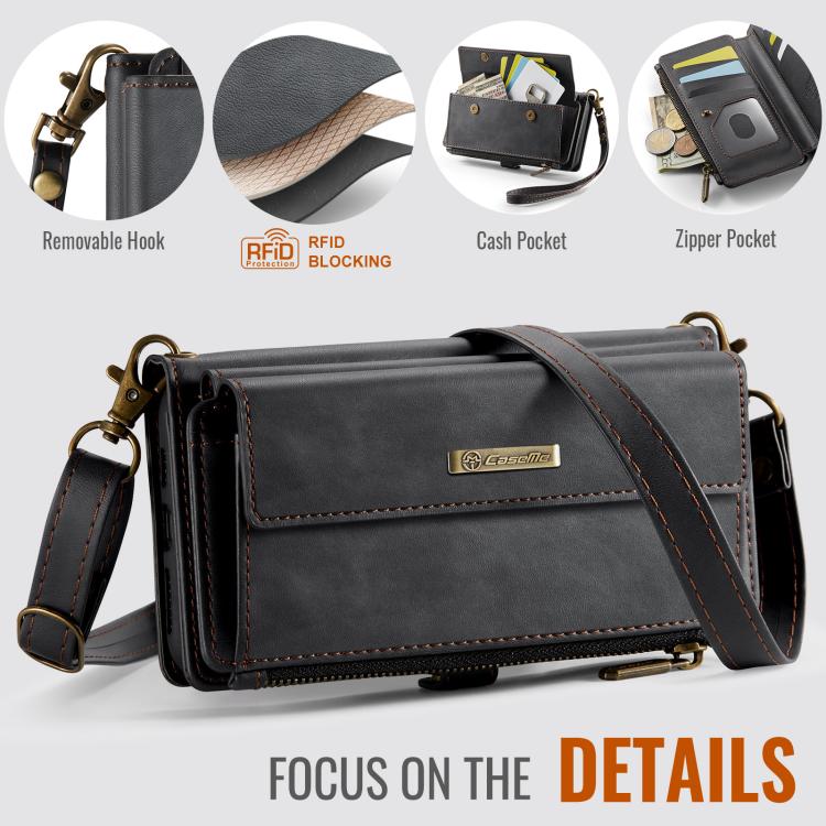 CaseMe C39 RFID Blocking Zipper Wallet Leather Phone Case with Crossbody Strap, For iPhone X / XS, For iPhone XR, For iPhone XS Max, For iPhone 7 Plus / 8 Plus