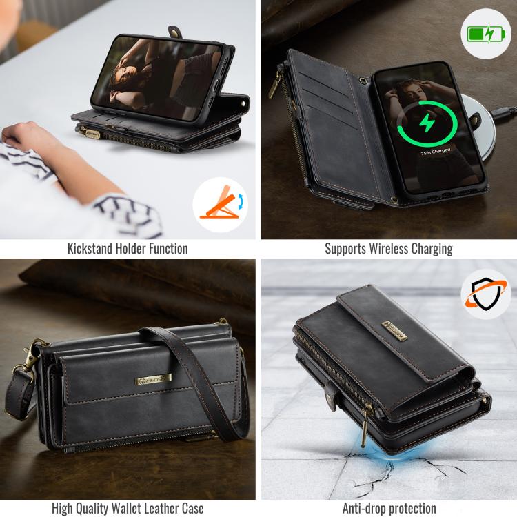 CaseMe C39 RFID Blocking Zipper Wallet Leather Phone Case with Crossbody Strap, For iPhone X / XS, For iPhone XR, For iPhone XS Max, For iPhone 7 Plus / 8 Plus