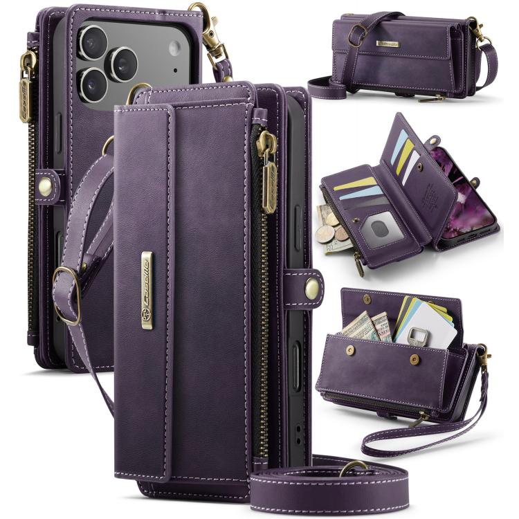 CaseMe C39 RFID Blocking Zipper Wallet Leather Phone Case with Crossbody Strap, For iPhone 17e / 16e, For iPhone 17 Pro Max, For iPhone 17 Pro, For iPhone 17