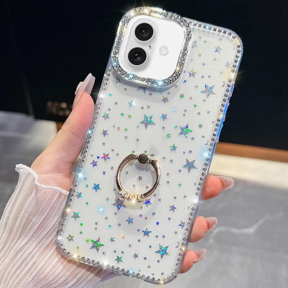 Rhinestone Glitter TPU Ring Holder Anti-fall Phone Case, For iPhone 16e, For iPhone 16 Pro Max, For iPhone 16 Pro, For iPhone 16 Plus