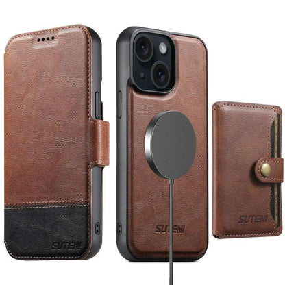 Suteni Q06S1 3-in-1 Splicing Detachable Wallet MagSafe Leather Phone Case, For iPhone 16 Pro, For iPhone 16 Plus, For iPhone 16, For iPhone 15 Pro Max, For iPhone 15 Pro, For iPhone 15 Plus, For iPhone 15, For iPhone 14 Plus