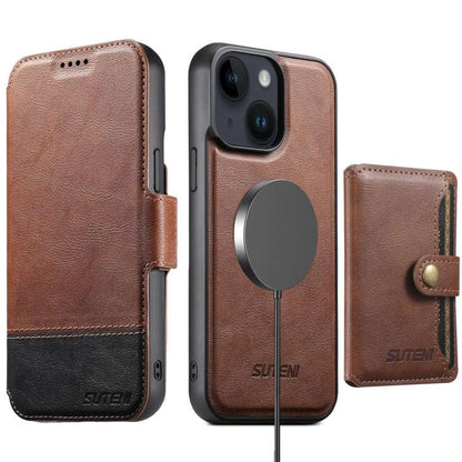 Suteni Q06S1 3-in-1 Splicing Detachable Wallet MagSafe Leather Phone Case, For iPhone 16 Pro, For iPhone 16 Plus, For iPhone 16, For iPhone 15 Pro Max, For iPhone 15 Pro, For iPhone 15 Plus, For iPhone 15, For iPhone 14 Plus