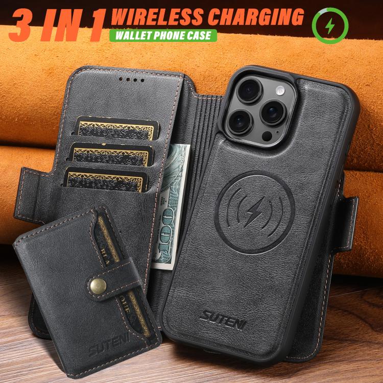 Suteni Q06S1 3-in-1 Splicing Detachable Wallet MagSafe Leather Phone Case, For iPhone 12 Pro