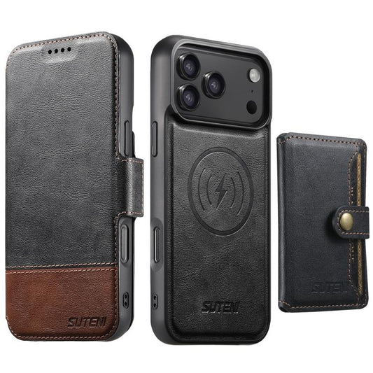 Suteni Q06S1 3-in-1 Splicing Detachable Wallet MagSafe Leather Phone Case, For iPhone 18 Pro, For iPhone 18 Pro Max, For iPhone 17 Pro Max, For iPhone 17 Pro, For iPhone 17, For iPhone Air, For iPhone 16 Pro Max, For iPhone 16 Pro