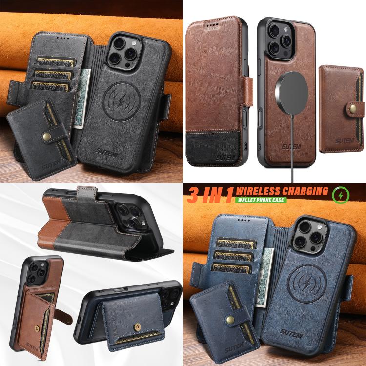 Suteni Q06S1 3-in-1 Splicing Detachable Wallet MagSafe Leather Phone Case, For iPhone 18, For iPhone 18 Pro, For iPhone 18 Pro Max, For iPhone 17 Pro Max, For iPhone 17 Pro, For iPhone 17, For iPhone Air, For iPhone 16 Pro Max