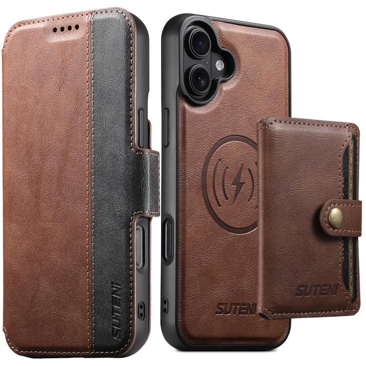 Suteni Q07S1 3-in-1 Detachable Wallet MagSafe Splicing Leather Phone Case, For iPhone 16 Pro, For iPhone 16 Plus, For iPhone 16, For iPhone 15 Pro Max, For iPhone 15 Pro, For iPhone 15 Plus, For iPhone 15, For iPhone 14 Plus