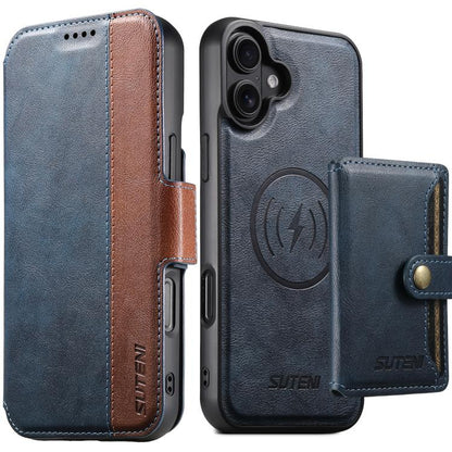 Suteni Q07S1 3-in-1 Detachable Wallet MagSafe Splicing Leather Phone Case, For iPhone 16 Pro, For iPhone 16 Plus, For iPhone 16, For iPhone 15 Pro Max, For iPhone 15 Pro, For iPhone 15 Plus, For iPhone 15, For iPhone 14 Plus