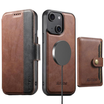 Suteni Q07S1 3-in-1 Detachable Wallet MagSafe Splicing Leather Phone Case, For iPhone 16 Pro, For iPhone 16 Plus, For iPhone 16, For iPhone 15 Pro Max, For iPhone 15 Pro, For iPhone 15 Plus, For iPhone 15, For iPhone 14 Plus