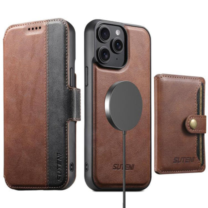 Suteni Q07S1 3-in-1 Detachable Wallet MagSafe Splicing Leather Phone Case, For iPhone 12 Pro