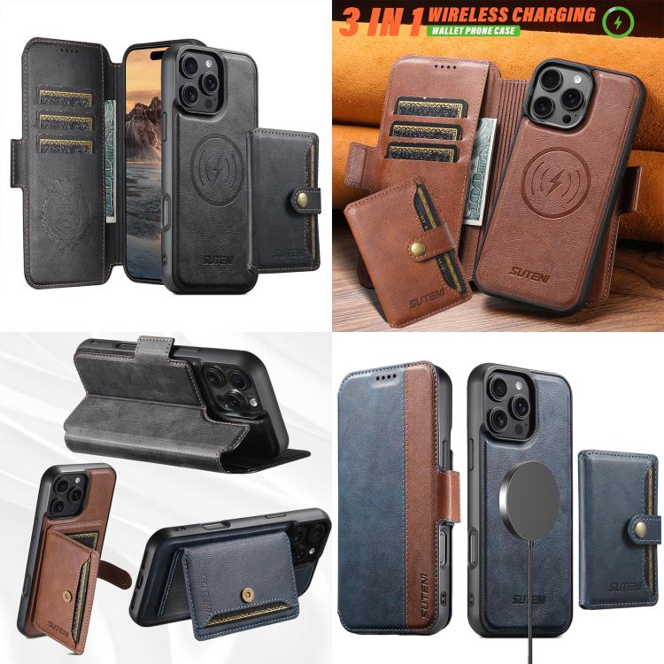 Suteni Q07S1 3-in-1 Detachable Wallet MagSafe Splicing Leather Phone Case, For iPhone 12 Pro