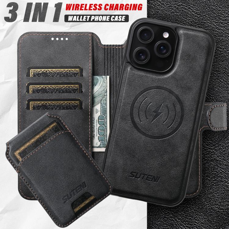 Suteni Q05S2 3-in-1 Detachable Vertical Flip Wallet MagSafe Leather Phone Case, For iPhone 16 Pro, For iPhone 16 Plus, For iPhone 16, For iPhone 15 Pro Max, For iPhone 15 Pro, For iPhone 15 Plus, For iPhone 15, For iPhone 14 Plus
