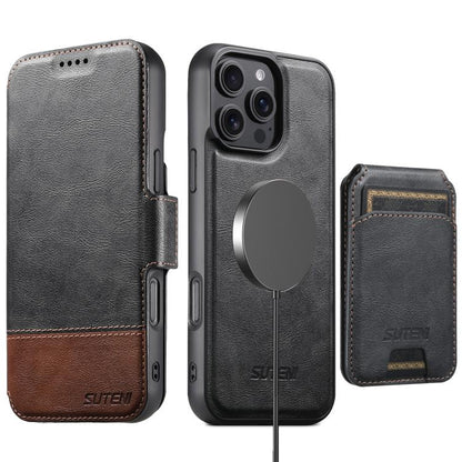 Suteni Q06S2 3-in-1 Detachable Vertical Flip Wallet MagSafe Splicing Leather Phone Case, For iPhone 16 Pro, For iPhone 16 Plus, For iPhone 16, For iPhone 15 Pro Max, For iPhone 15 Pro, For iPhone 15 Plus, For iPhone 15, For iPhone 14 Plus