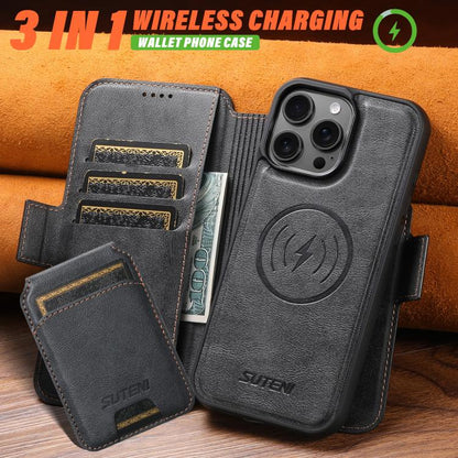 Suteni Q06S2 3-in-1 Detachable Vertical Flip Wallet MagSafe Splicing Leather Phone Case, For iPhone 16 Pro, For iPhone 16 Plus, For iPhone 16, For iPhone 15 Pro Max, For iPhone 15 Pro, For iPhone 15 Plus, For iPhone 15, For iPhone 14 Plus