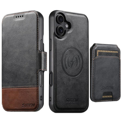 Suteni Q06S2 3-in-1 Detachable Vertical Flip Wallet MagSafe Splicing Leather Phone Case, For iPhone 16 Pro, For iPhone 16 Plus, For iPhone 16, For iPhone 15 Pro Max, For iPhone 15 Pro, For iPhone 15 Plus, For iPhone 15, For iPhone 14 Plus