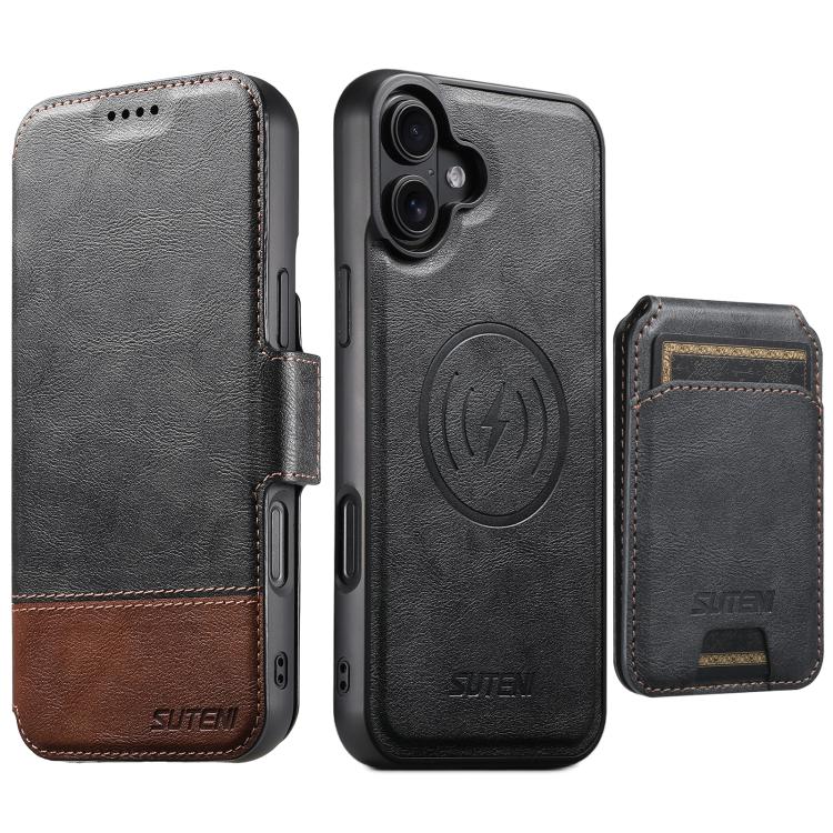 Suteni Q06S2 3-in-1 Detachable Vertical Flip Wallet MagSafe Splicing Leather Phone Case, For iPhone 16 Pro, For iPhone 16 Plus, For iPhone 16, For iPhone 15 Pro Max, For iPhone 15 Pro, For iPhone 15 Plus, For iPhone 15, For iPhone 14 Plus