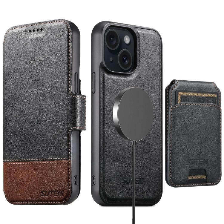 Suteni Q06S2 3-in-1 Detachable Vertical Flip Wallet MagSafe Splicing Leather Phone Case, For iPhone 16 Pro, For iPhone 16 Plus, For iPhone 16, For iPhone 15 Pro Max, For iPhone 15 Pro, For iPhone 15 Plus, For iPhone 15, For iPhone 14 Plus