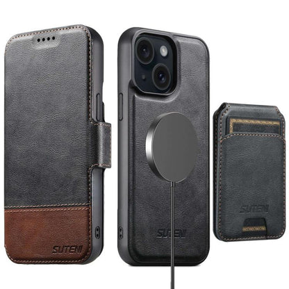 Suteni Q06S2 3-in-1 Detachable Vertical Flip Wallet MagSafe Splicing Leather Phone Case, For iPhone 16 Pro, For iPhone 16 Plus, For iPhone 16, For iPhone 15 Pro Max, For iPhone 15 Pro, For iPhone 15 Plus, For iPhone 15, For iPhone 14 Plus