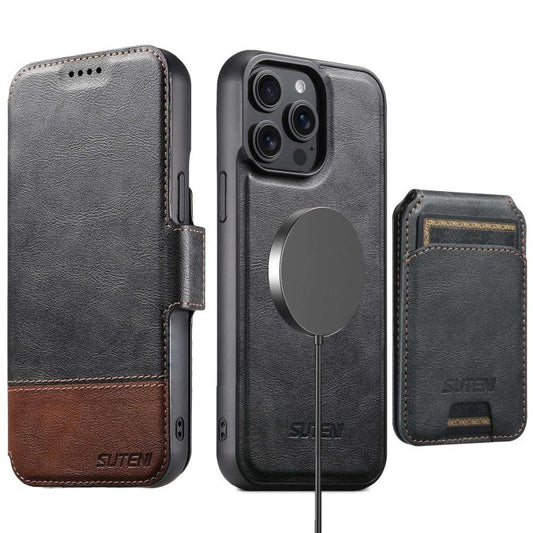 Suteni Q06S2 3-in-1 Detachable Vertical Flip Wallet MagSafe Splicing Leather Phone Case, For iPhone 14 Pro, For iPhone 14 Pro Max, For iPhone 13 Pro Max, For iPhone 13 Pro, For iPhone 13, For iPhone 12, For iPhone 12 Pro Max, For iPhone 12 Pro