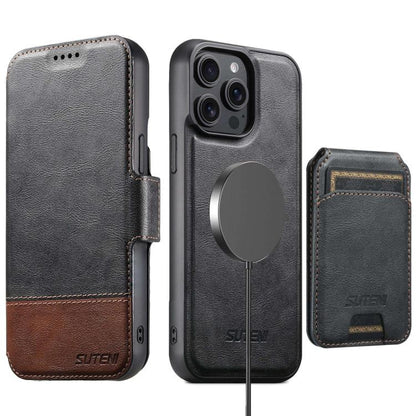 Suteni Q06S2 3-in-1 Detachable Vertical Flip Wallet MagSafe Splicing Leather Phone Case, For iPhone 12 Pro