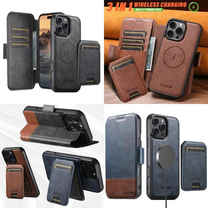 Suteni Q06S2 3-in-1 Detachable Vertical Flip Wallet MagSafe Splicing Leather Phone Case, For iPhone 18, For iPhone 18 Pro, For iPhone 18 Pro Max, For iPhone 17 Pro Max, For iPhone 17 Pro, For iPhone 17, For iPhone Air, For iPhone 16 Pro Max