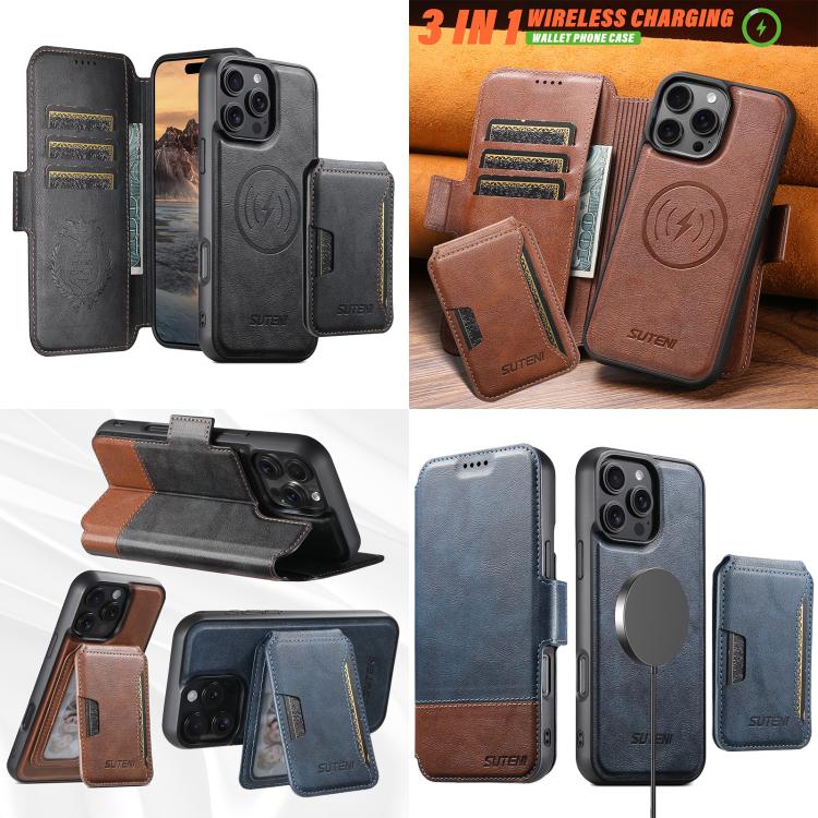 Suteni Q06S3 3-in-1 Splicing Detachable Vertical Flip Wallet MagSafe Leather Phone Case, For iPhone 16 Pro, For iPhone 16 Plus, For iPhone 16, For iPhone 15 Pro Max, For iPhone 15 Pro, For iPhone 15 Plus, For iPhone 15, For iPhone 14 Plus
