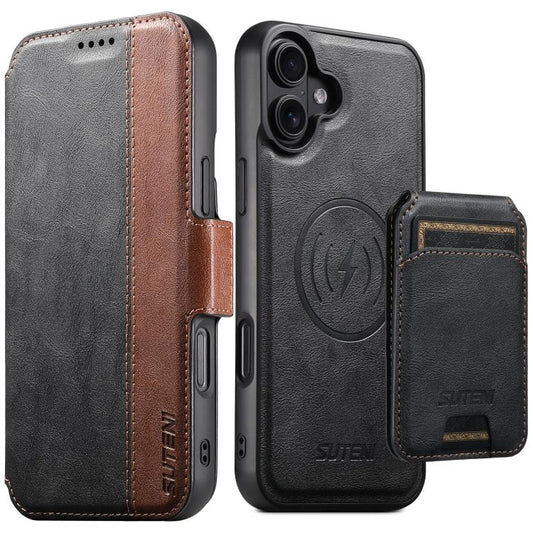 Suteni Q07S2 3-in-1 Detachable Vertical Flip Wallet MagSafe Splicing Leather Phone Case, For iPhone 16 Plus, For iPhone 16, For iPhone 15 Pro Max, For iPhone 15 Pro, For iPhone 15 Plus, For iPhone 15, For iPhone 14 Plus, For iPhone 14
