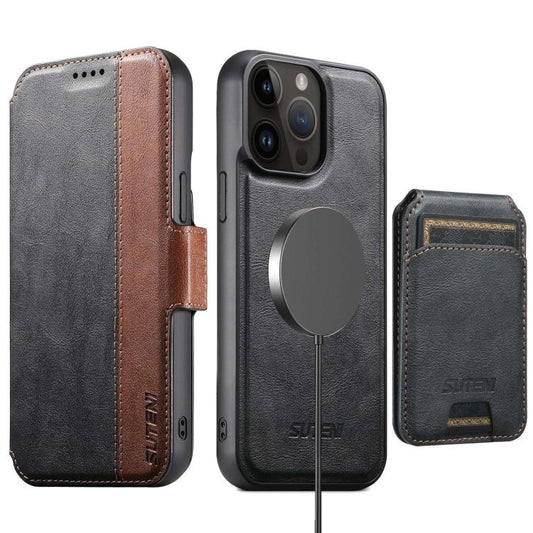 Suteni Q07S2 3-in-1 Detachable Vertical Flip Wallet MagSafe Splicing Leather Phone Case, For iPhone 14 Pro, For iPhone 14 Pro Max, For iPhone 13 Pro Max, For iPhone 13 Pro, For iPhone 13, For iPhone 12, For iPhone 12 Pro Max, For iPhone 12 Pro