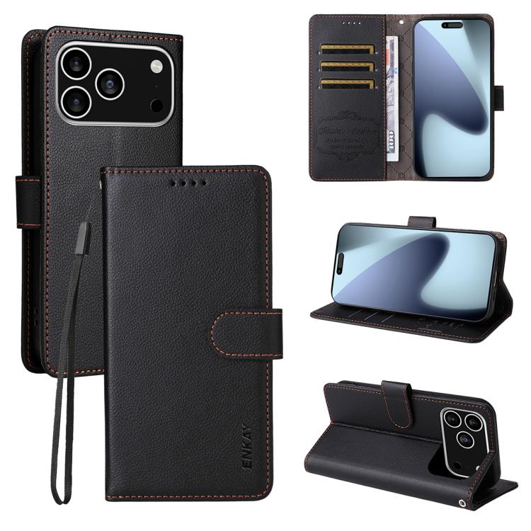 ENKAY RFID Blocking Wallet Kickstand Litchi Texture Leather Phone Case, For iPhone 18 Pro / 17 Pro, For iPhone 18 Pro Max / 17 Pro Max, For iPhone 17e / 16e, For iPhone 17