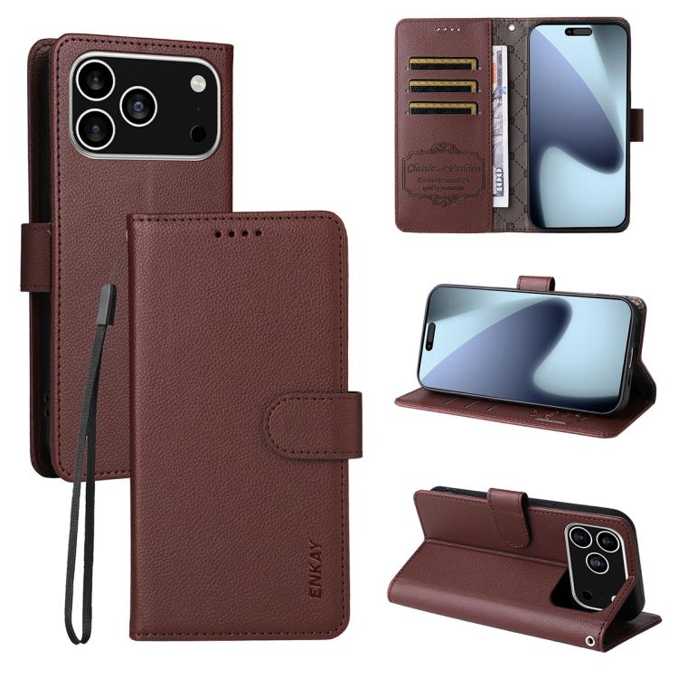 ENKAY RFID Blocking Wallet Kickstand Litchi Texture Leather Phone Case, For iPhone 18 Pro / 17 Pro, For iPhone 18 Pro Max / 17 Pro Max, For iPhone 17e / 16e, For iPhone 17